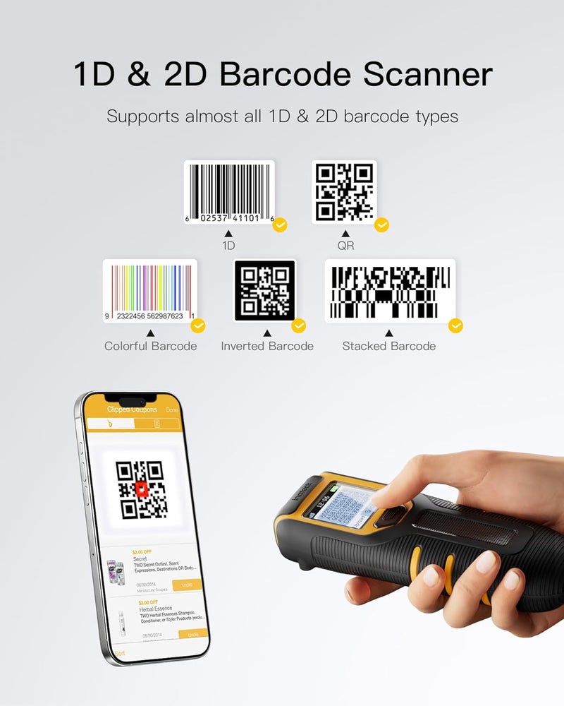 Inateck Barcode Scanner Wireless,Portable Bluetooth Barcode Scanner with Screen,1D 2D QR Code Scanner Kabellos 2.4GHz,Handscanner with APP and SDK, BCST-47 - Image 2